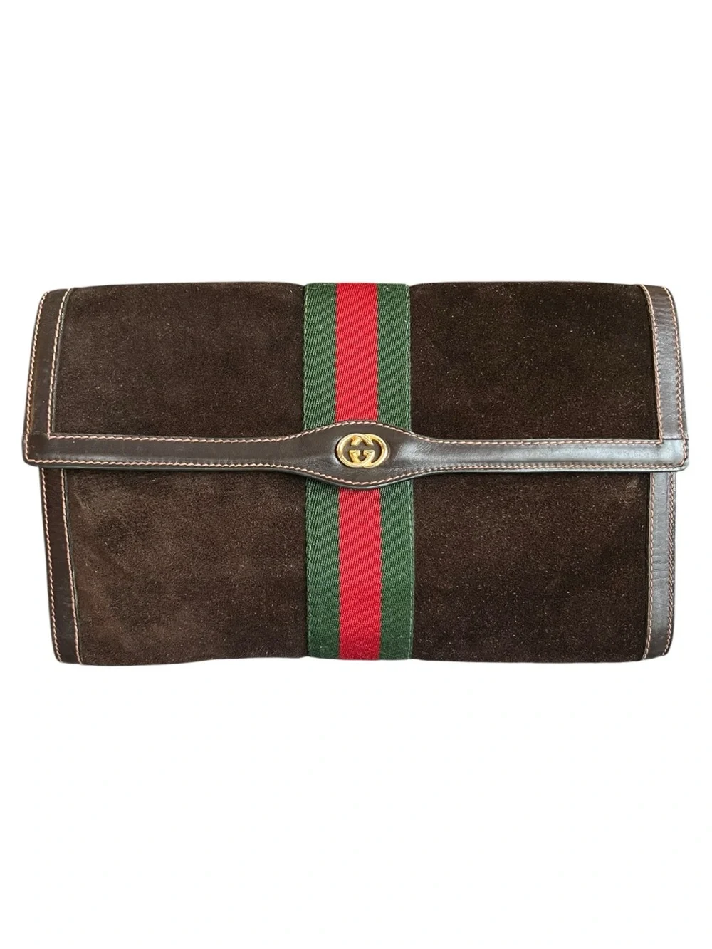 Vintage GUCCI Brown Suede Sherry Line Web Stripe Envelope Clutch Bag 37 039 3088
